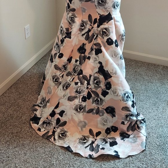 Windsor Black Top with Mesh Midriff Floral Pink and Tulle Train Full Skirt Dress - Picture 2 of 12